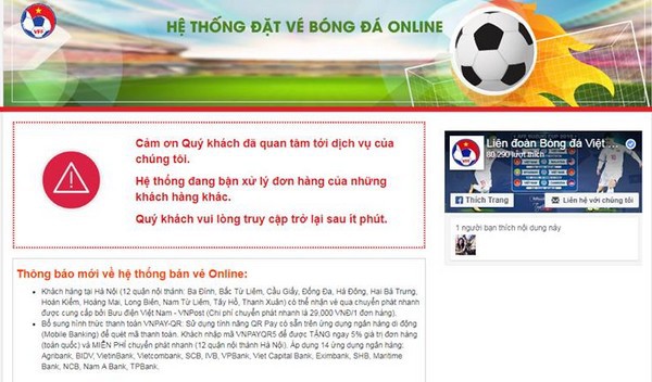 Trang web bán vé trực tuyến của VFF “sập” ngay khi vừa mở bán